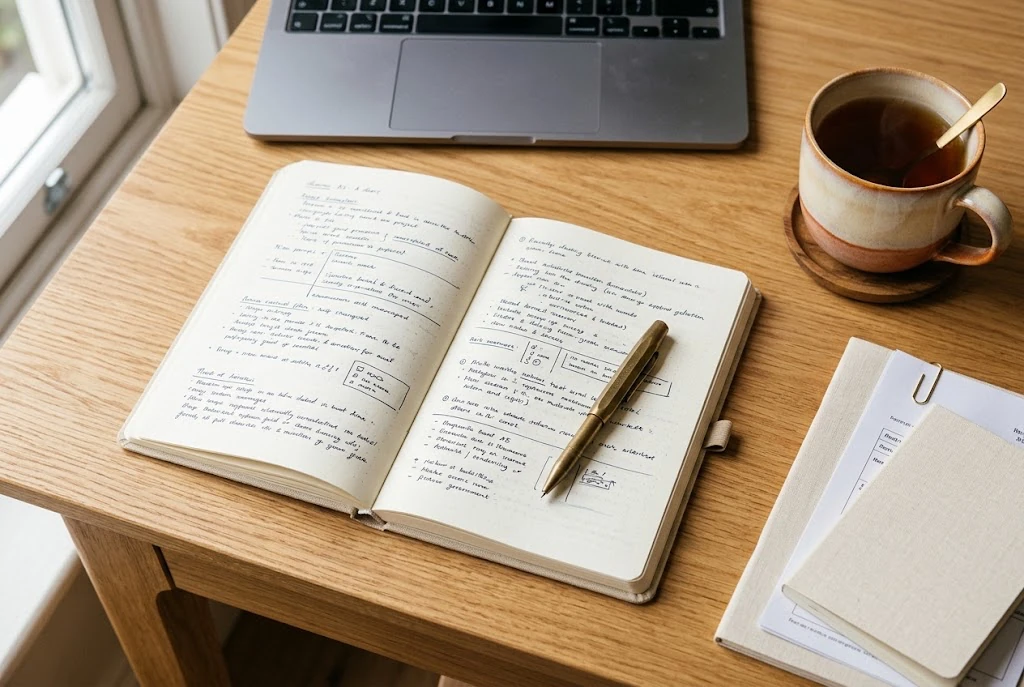 A tidy desk with an open notebook, pen and cup of tea